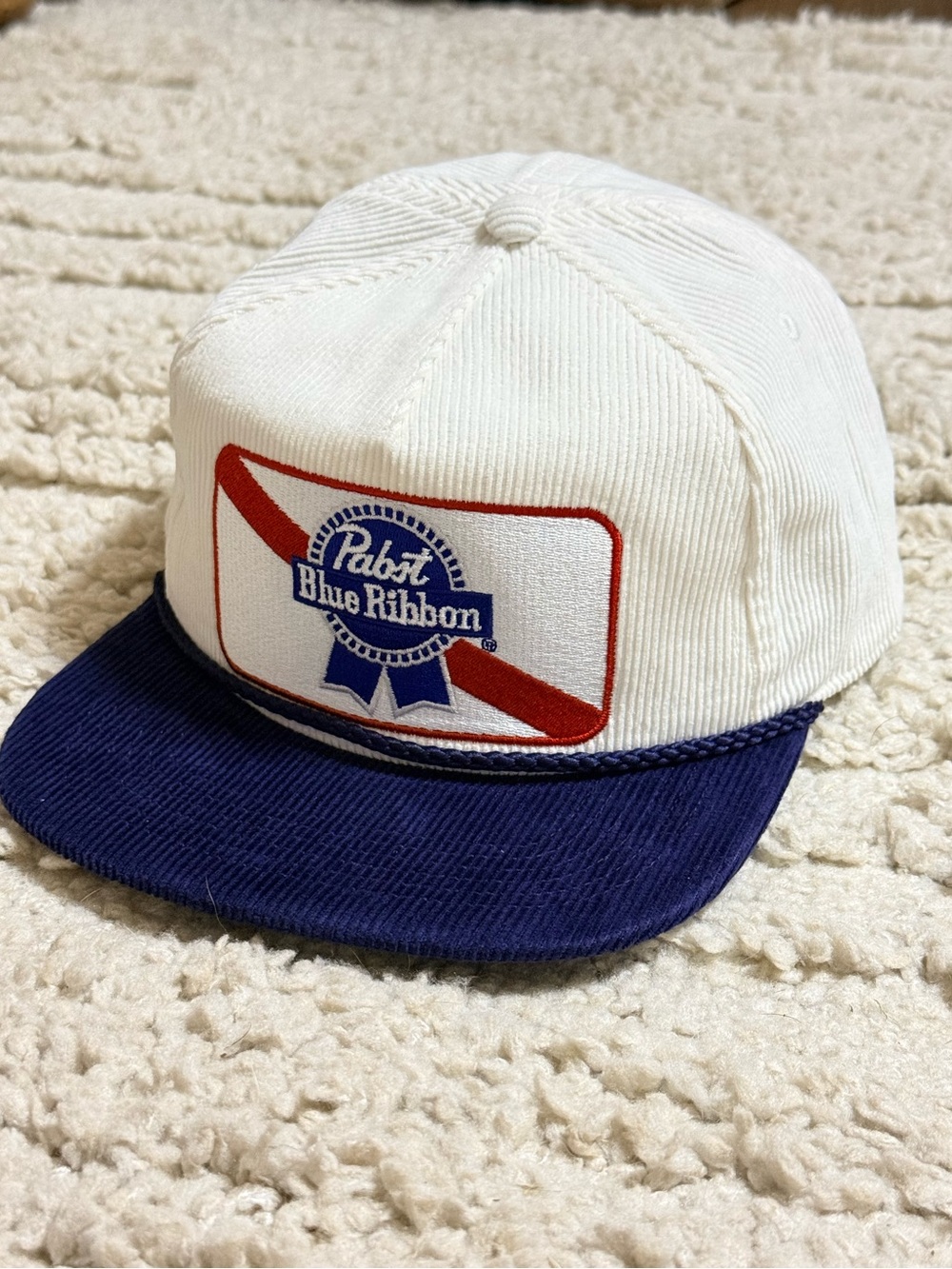 Pabst Blue Ribbon Corduroy Rope Golf Snapback Hat - White/Navy